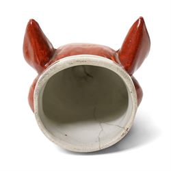 19th century Staffordshire fox head stirrup cup H12cm and a pastille burner in the form of a two storey cottage (2)