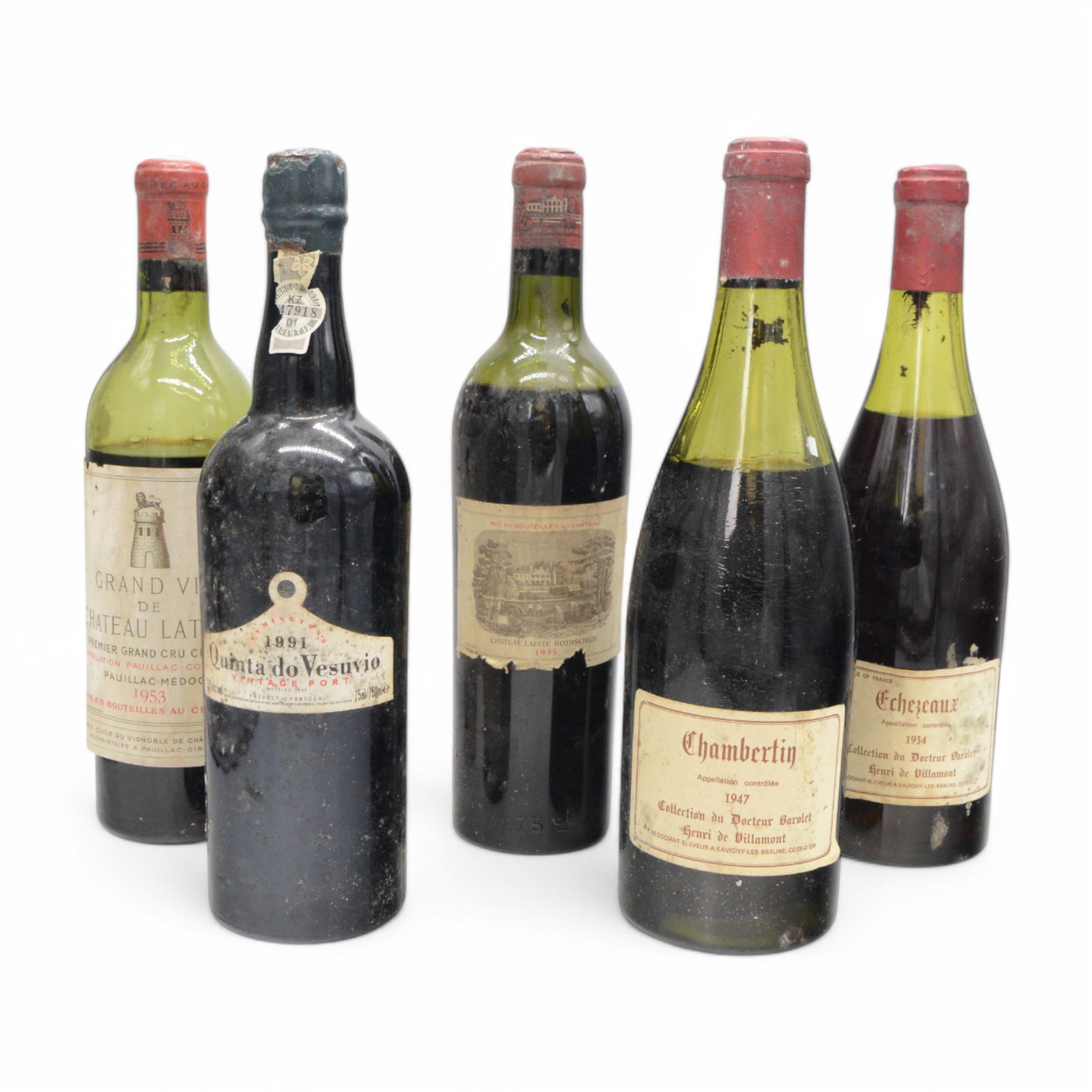 Mix red wine; Grand Vin de Chateau Latour 1953 Premier Grand Cru Classe, Pauillac, Chateau Lafite Rothschild 1953 Premier Cru Classe, Pauillac, Quimta Do Vesuvio 1991 vintage port and two other bottles of red wine, various contents and proof 