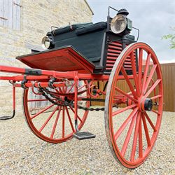 Holland & Holland Tandem Cart - Althorp Spencer Family Estate

A two wheeled tandem cart or cocking cart by Holland & Holland Coach Builders, London, with black painted bodywork, red painted shafts and running gear, red wooden spoked wheels with rubber tyres, green upholstered seating and a rear perforated metal footboard. The cart is fitted with carriage lamp brackets (lamps next lot), green buttoned cushions with leather retaining straps, side louvered body panels, footrests, leaf spring suspension and shafts for horse use. The carriage incorporates an adjustable body position, operated by a lever, allowing the body to be moved forwards or backwards to alter the weight distribution. Formerly owned by the family of Lady Diana Spencer,
Sympathetically conserved by Woods of Fairbourne Carriages Ltd, Kent.

Features:
• Brass maker’s plaque for Holland & Holland Coach Builders, London
• Two wheeled tandem cart
• Black painted body with red painted shafts and running gear
• Red wooden spoked wheels with rubber tyres
• Green upholstered cushions with leather retaining straps
• Adjustable carriage body for weight distribution
• Lever operated adjustment mechanism
• Perforated rear footboard
• Side footrests
• Louvered side panels
• Leaf spring suspension
• Rear opening storage compartment
• Decorative painted armorial motif to rear panel
• Fitted carriage lamps shown, not included in the lot (available as next lot)
• Conserved by Fairbourne Carriages Ltd
• Provenance: The Althorp Attic Sale including The Spencer Carriages, lot 195, 7 July 2010

Dimensions:
Overall length 396 / 198cm
Width 155cm
Height 190cm

Wheel Diameters:
Wheels: 148cm

Seating:
Driving seats: 2
Passenger seats: 2