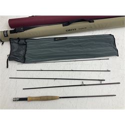 Five fly fishing rods, to include Greys Greyflex M2, Greys Missionary 9'3 etc, together with fly reel, flies, Wychwood fishing bag and various fishing other tackle items 