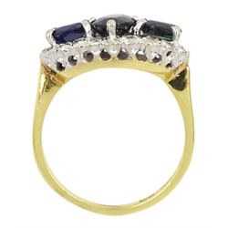 18ct gold three stone oval sapphire and diamond cluster ring, Birmingham 1974