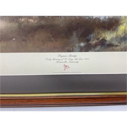 After Alan Fernley, colour print 'The Bridge at Arnhem', signed on the mount, 37 x 50cm; and after John Sellars, colour print 'Pegasus Bridge. Early Morning of D-Day 6th June 1944 Benouville Normandy'; both in mahogany stained frames (2)