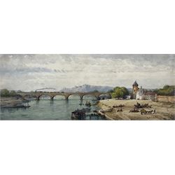 Gabriele Carelli (Italian c.1820-1900): Unloading on the River Quay with a Steam Train crossing the Viaduct in the Distance, watercolour signed 13cm x 35cm