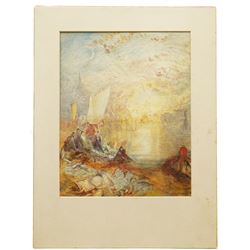 After Joseph Mallord William Turner (British 1775-1851): 'Sunset: A Fish Market on the Beach', watercolour on wove paper bearing signature, inscribed and signed verso 22cm x 17cm (unframed)