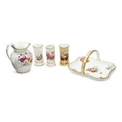 Early 19th century Spode porcelain basket, hand painted with pink roses and forget me nots and inscribed 'Walk Upon', L20cm, together with a similar Spode spill vase, two other spill vases, painted with flowers and castle, H10.5cm and an early English porcelain jug inscribed W & M West 1831, H16cm (5)