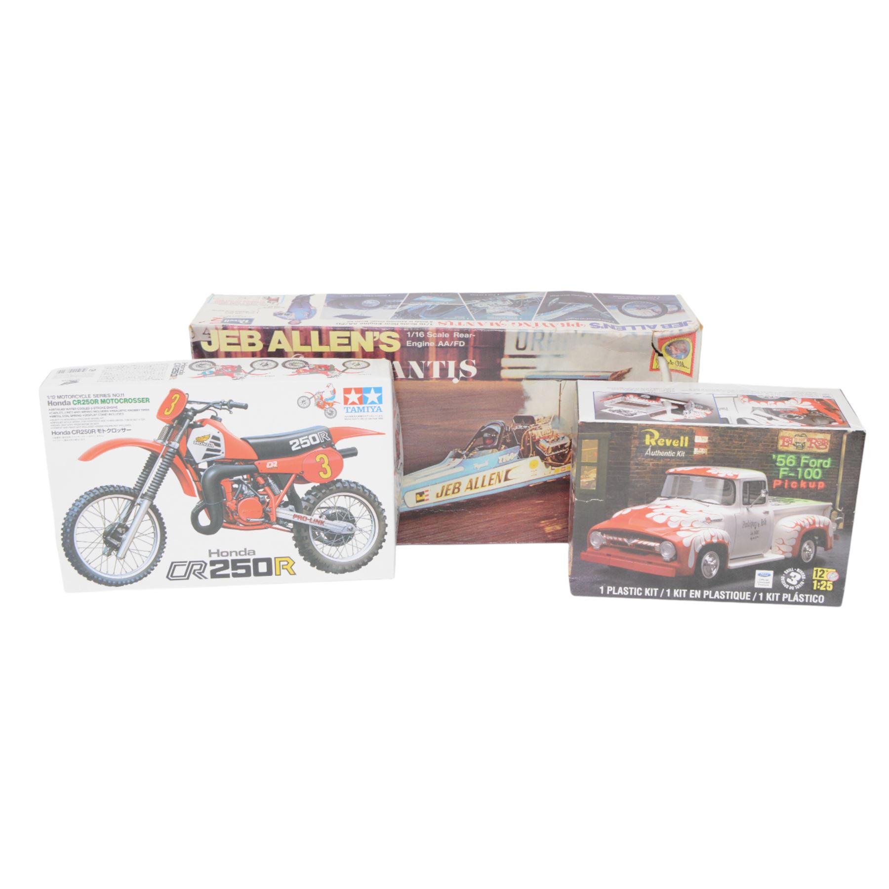 Ten vehicle model kits of varying scales, comprising Academy Boeing B-17G Flying Fortress, Revell Boeing 747-400, Revell Jeb Allen's Praying Mantis, Revell Kenworth T900 Australia, Aoshima Copen Active Top, Revell 56 Ford F-100 Pickup, Tamiya Honda CR250R Motocrosser, Fujimi Suzuki WagonR, Gunze Sangyo Fiat Abarth 1000TCR Berlina and Monogram Metal Master Packard Boattail Speedster, all boxed