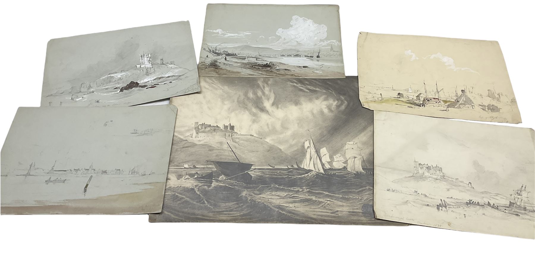 George Balmer (British 1806-1846): 'Dunstanborough Castle' Berwick' 'Blyth' & 'Bamborough Castle', five pencil sketches highlighted in brown and white on grey paper signed titled and dated 1835, 23cm x 32cm; 'Bamborough Castle', 19th century pencil unsigned 34cm x 45cm (unframed) (6)