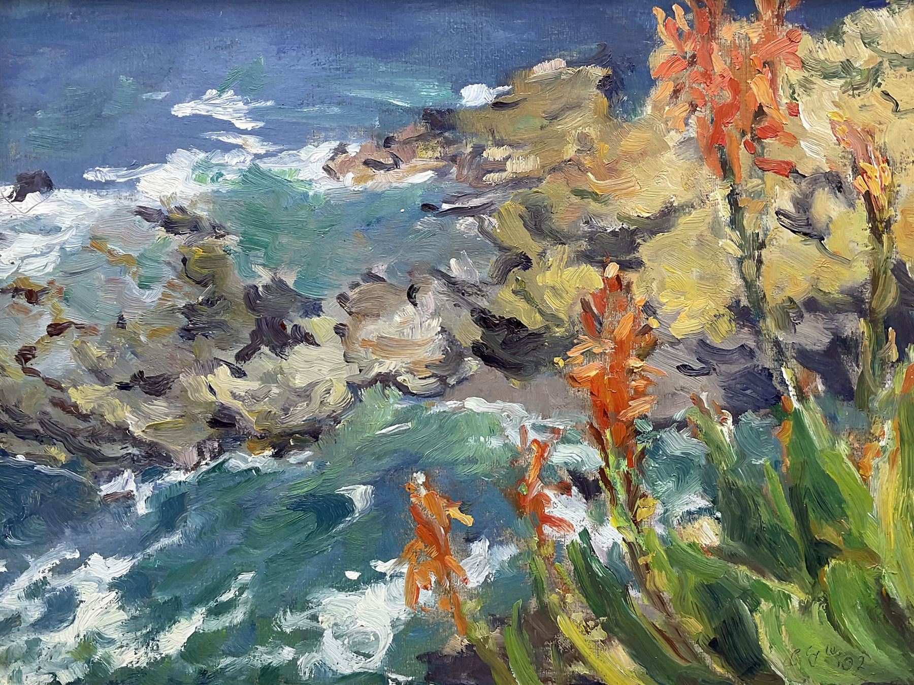 Catherine Tyler (British 1949-): 'Costa Brava', oil on canvas signed and dated '02, 24cm x 32cm 
Provenance: awarded the 2006 Chelsea Art Society Award for a Painting