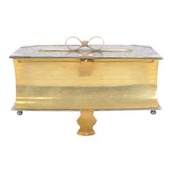 Late Victorian silver plated novelty biscuit box modelled as a presentation book, by Deykin & Sons, Birmingham, the spine engraved 'BISCUITS', the hinged cover with chased foliate decoration and mounted gilt bow secured by a gilt clasp with registration lozenge, opening to reveal a gilt interior with hinged scroll pierced grille, including bow H10.5cm W21.5cm D14.5cm