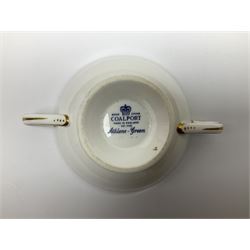 Coalport Athlone Green pattern tea wares, comprising coffee pot, seven coffee cans and saucers, milk jug, open sucrier, six tea cups and saucers, and six twin handled cups and saucers (42) 