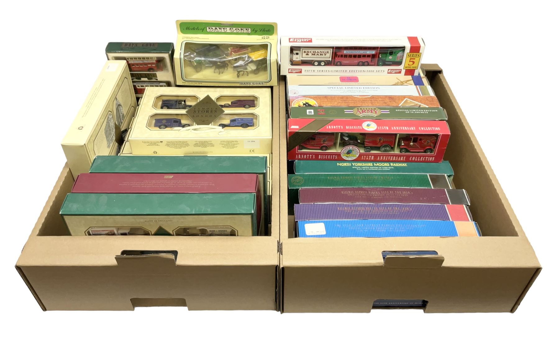 Lledo Railway Express Parcel Van of the 1930's sets, British Army Collection 1939, Exchange & Mart, Days Gone box sets and others in two boxes (37)