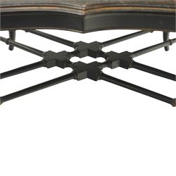 Ethan Allen - Victorian design black lacquered and parcel-gilt papier-mâché style coffee table, shaped rectangular tray top decorated with traditional chinoiserie gilt patterns and border, raised on ring-turned simulated bamboo supports united by double X-stretcher
