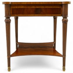Maitland Smith - Pair of mahogany side tables, the rectangular top with rounded corners, the top edge inlaid with movingui wood, above two under-tier shelves, and frieze drawer, supported on stop-reed and acanthus foliate carved legs united by platform stretcher, raised on brass sabot foot caps