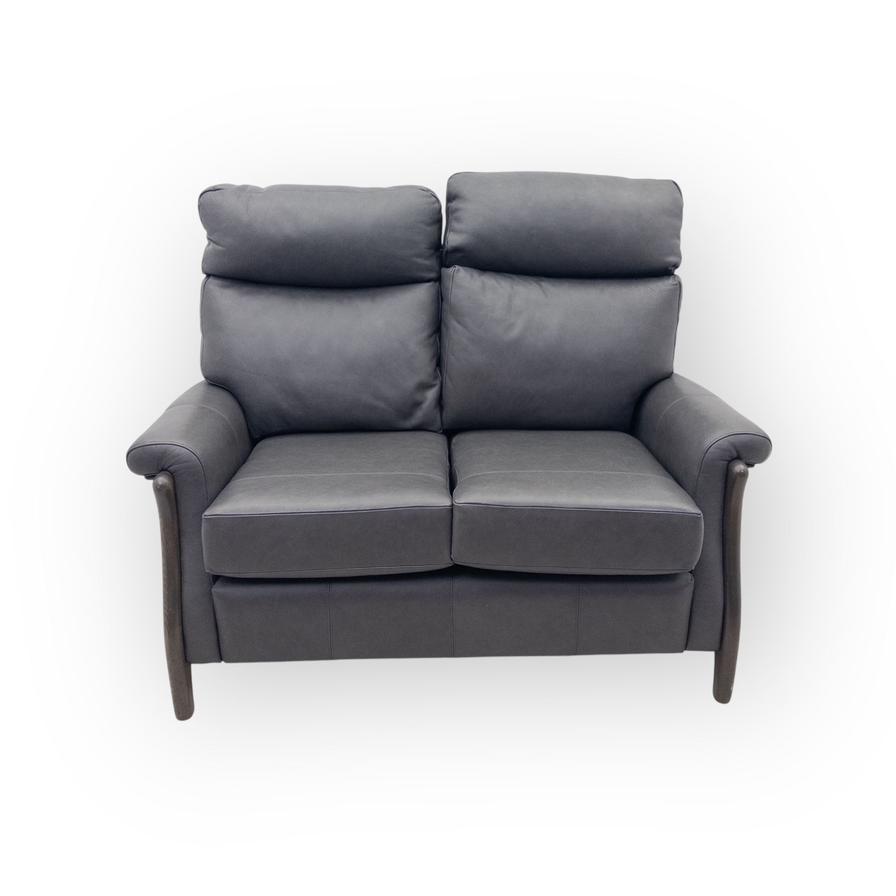 Rogers of York - two seat sofa, upholstered in grey leather with padded back and seat cushions, raised on stained beech supports