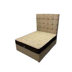 5’ Kingsize divan bed with mattress and headboard, tall buttoned head board upholstered in champagne fabric