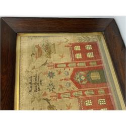 Early Victorian sampler, by Jane Gunnpstey[?] Aged 14 years, dated 1843, depicting and titled York Minster, the Minster worked in red thread and surrounded by various motifs of plants, birds in flight, crowns, baskets of flowers and angels, in rosewood frame, overall H54cm L56.5cm