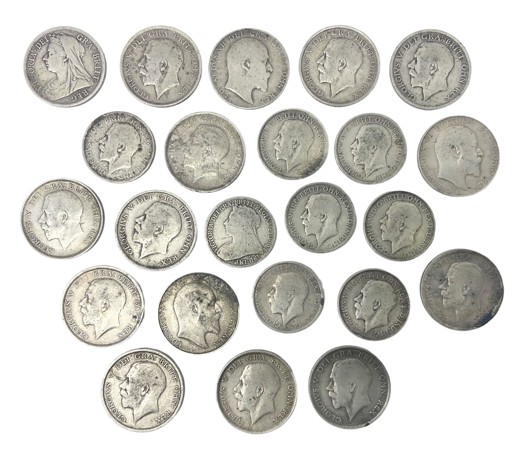 Approximately 300 grams of Great British pre-1920 silver coins, comprising half crowns, florins and shillings, including Queen Victoria 1900 half crown, King Edward VII 1907 and 1910 half crowns, etc. 