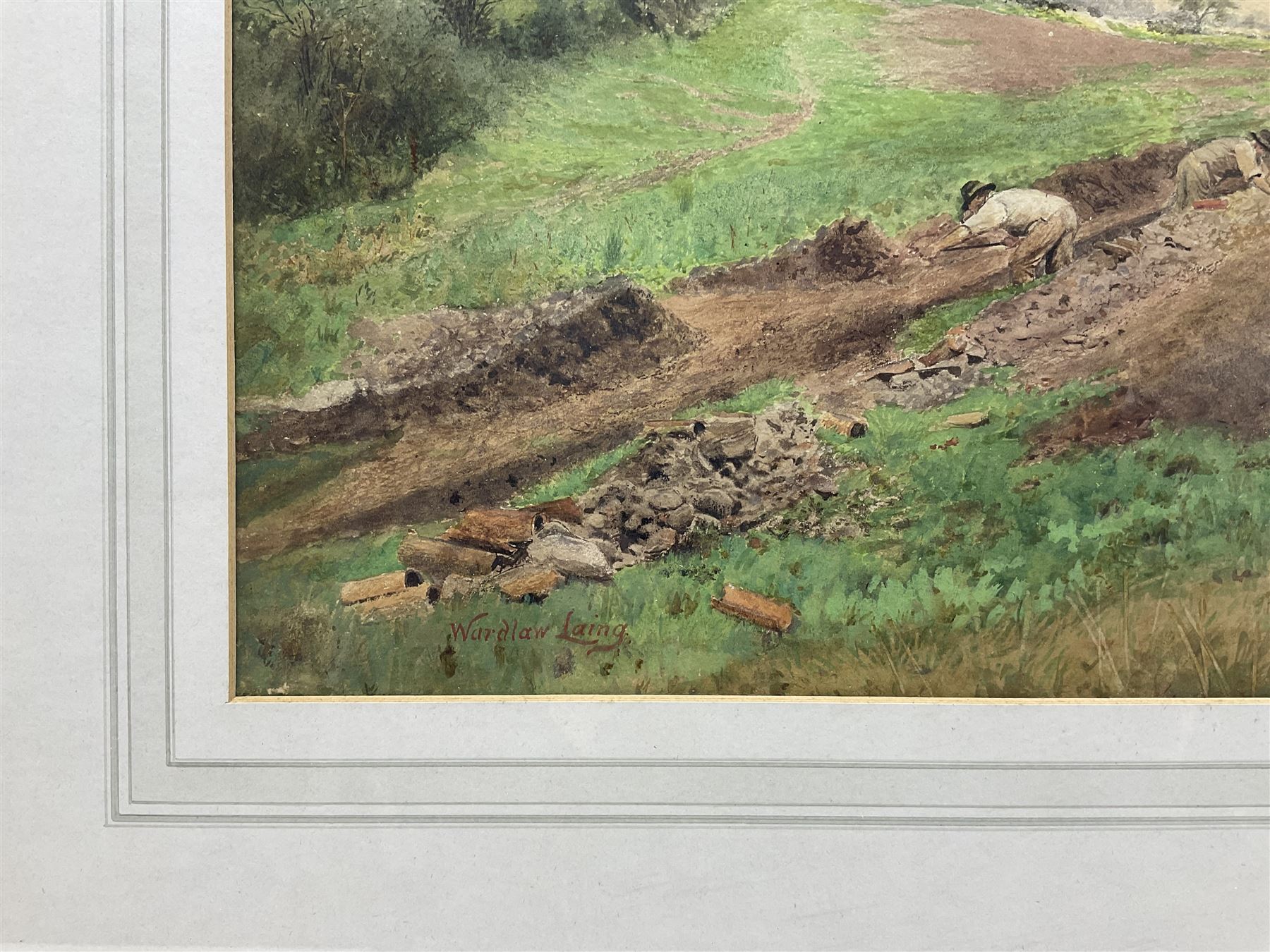 William Wardlaw Laing (exh.1882-1922): 'A Fallow Field' - laying clay pot drainage system, watercolour signed, original title label verso with  artist's Liverpool address 34cm x 53cm