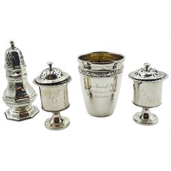 1920's silver pepperette, of octagonal bellied form with pierced cover, hallmarked Reid & Sons, Chester 1927, H10cm, together with a pair of Victorian cruets, each of drum form with gadrooned rim, upon a pedestal circular spreading foot, hallmarked London, date letter and makers mark worn and indistinct, tallest example H8cm, and a Continental silver tumbler cup with personal inscription, foliate band beneath rim, and gilt interior, stamped beneath 900 875, H7.5cm, approximate total weight 7.51 ozt (233.8 grams)