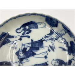 18th century Chinese blue and white Kangxi teacup and saucer, decorated with dancing figures, four character Kangxi mark beneath, saucer D10cm