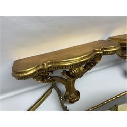 Five various giltwood and other hall brackets, one with marble top; and Viking ship table lamp