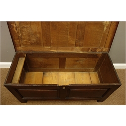  Early 18th century oak coffer, rectangular hinged lid above fielded panelled front, stile supports, W115cm, H56cm, D47cm  