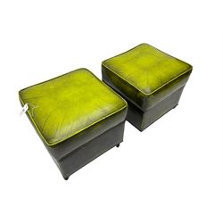 Pair pouffes, upholstered in green leatherette with studwork