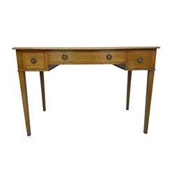 19th century inlaid mahogany writing side table, moulded rectangular top with satinwood band, fitted with three drawers, on square tapering supports