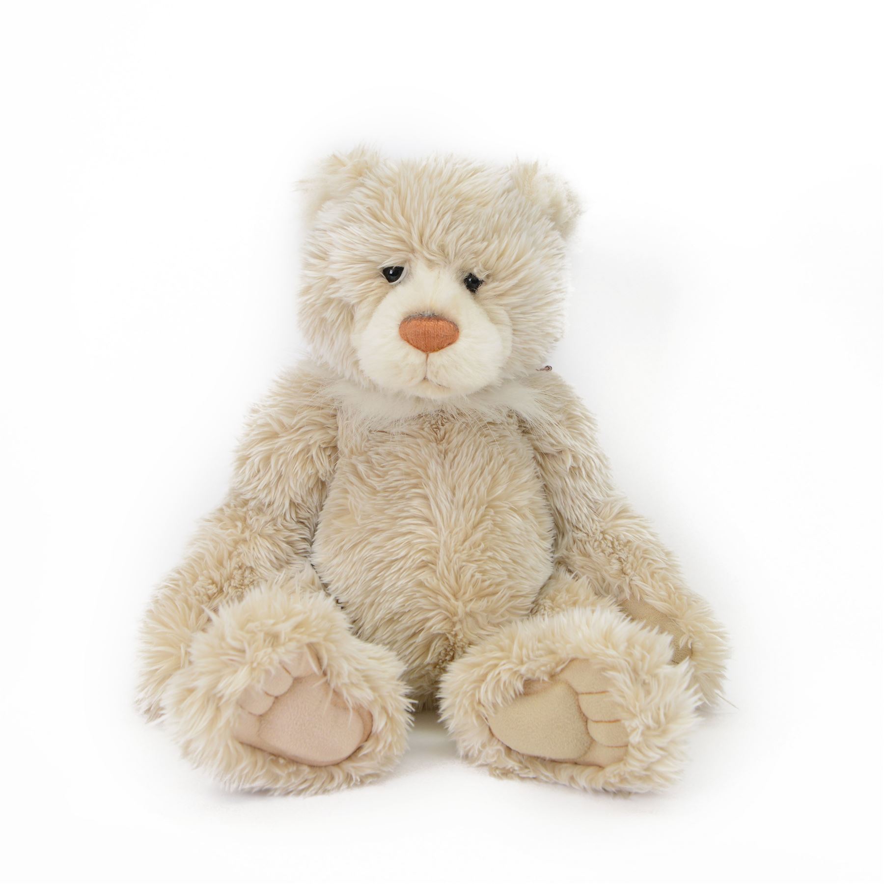 Two Charlie Bears plush jointed teddy bears, to include limited edition 'Porridge', with cream fur and spoon necklace and 'Brooklyn', with black and grey fur and silver bow, both designed by Isabelle Lee, with tags, tallest H51cm