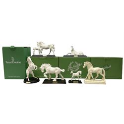 Five Beswick and Royal Doulton horse figures in matt white on black plinths, comprising of  Spirit of Affection no. 2689/2536, Springtime no.2837, Spirit of peace no.2916, Spirit of earth no.2914 and Spirit of the wild no. 183, together with a composite figure of a horse (6)