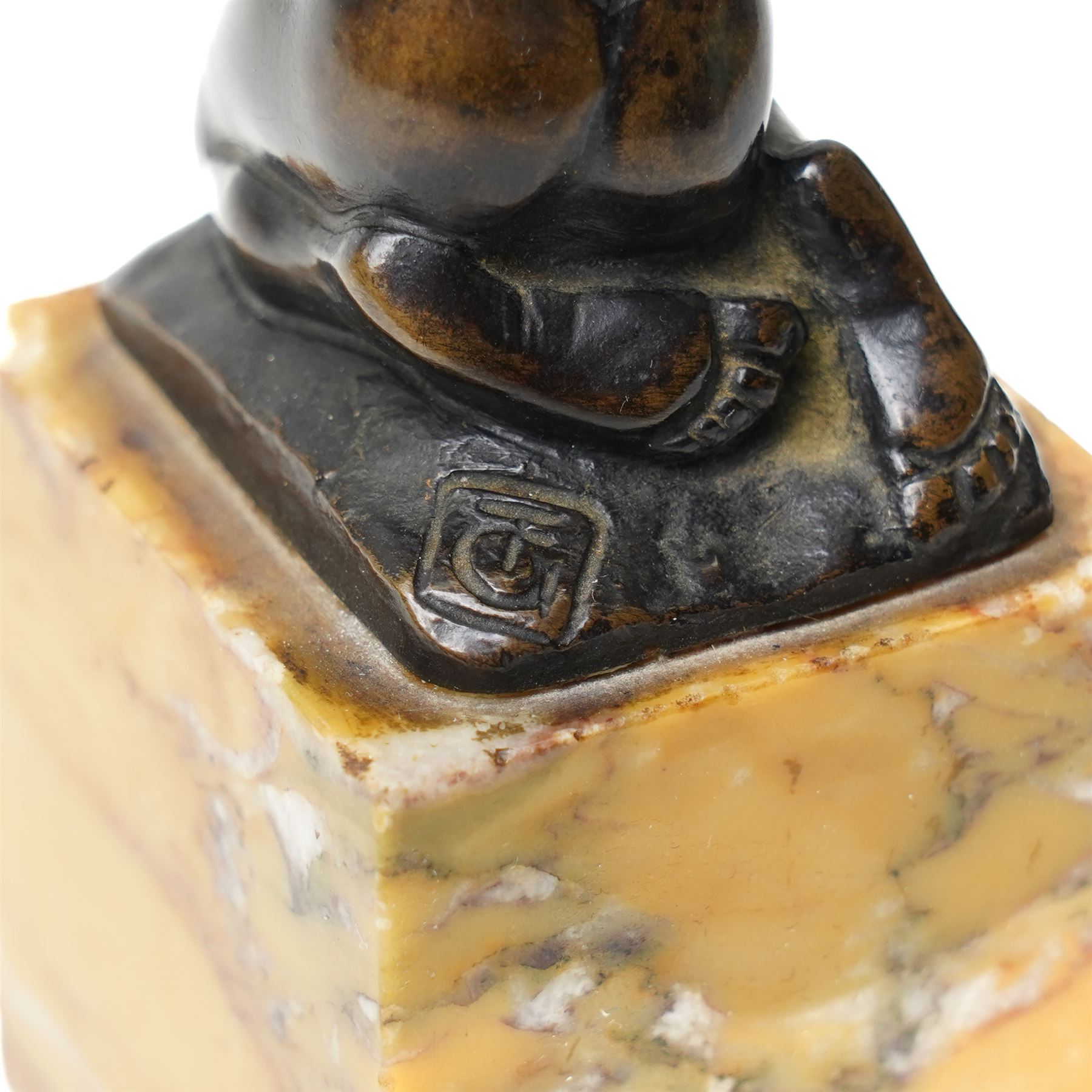 19th century Grand Tour small patinated bronze modelled as a young boy kneeling and holding a fleece over his shoulder, inscribed with monogram TC, on rectangular Sienna marble plinth, H13cm