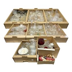 Large quantity of glassware, to include cheese dome with a marble base, wine glasses decanters etc in eight boxes 