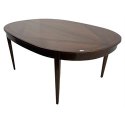 Grange Furniture - cherry wood finish oval extending dining table on square tapering supports, and a set of eight dining chairs with curved backs and upholstered seats 