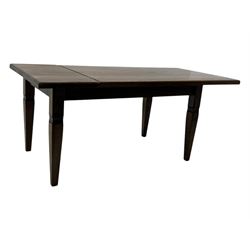 Mid-20th century Dutch oak dining table, rectangular top raised on square supports with tapered sections; four ladderback dining chairs, on turned supports with H-stretchers