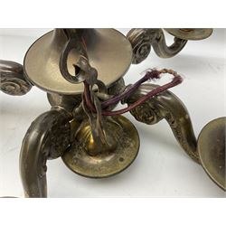 Pair of bronzed metal five-branch chandeliers, each hung with scrolling branches and dish pans H62cm