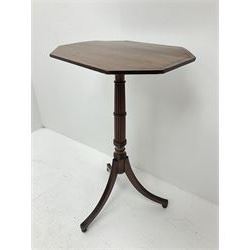 Regency mahogany tripod table, octagonal top with chequered inlayed band, over reeded and ring turned column and raised on reeded triple splay supports