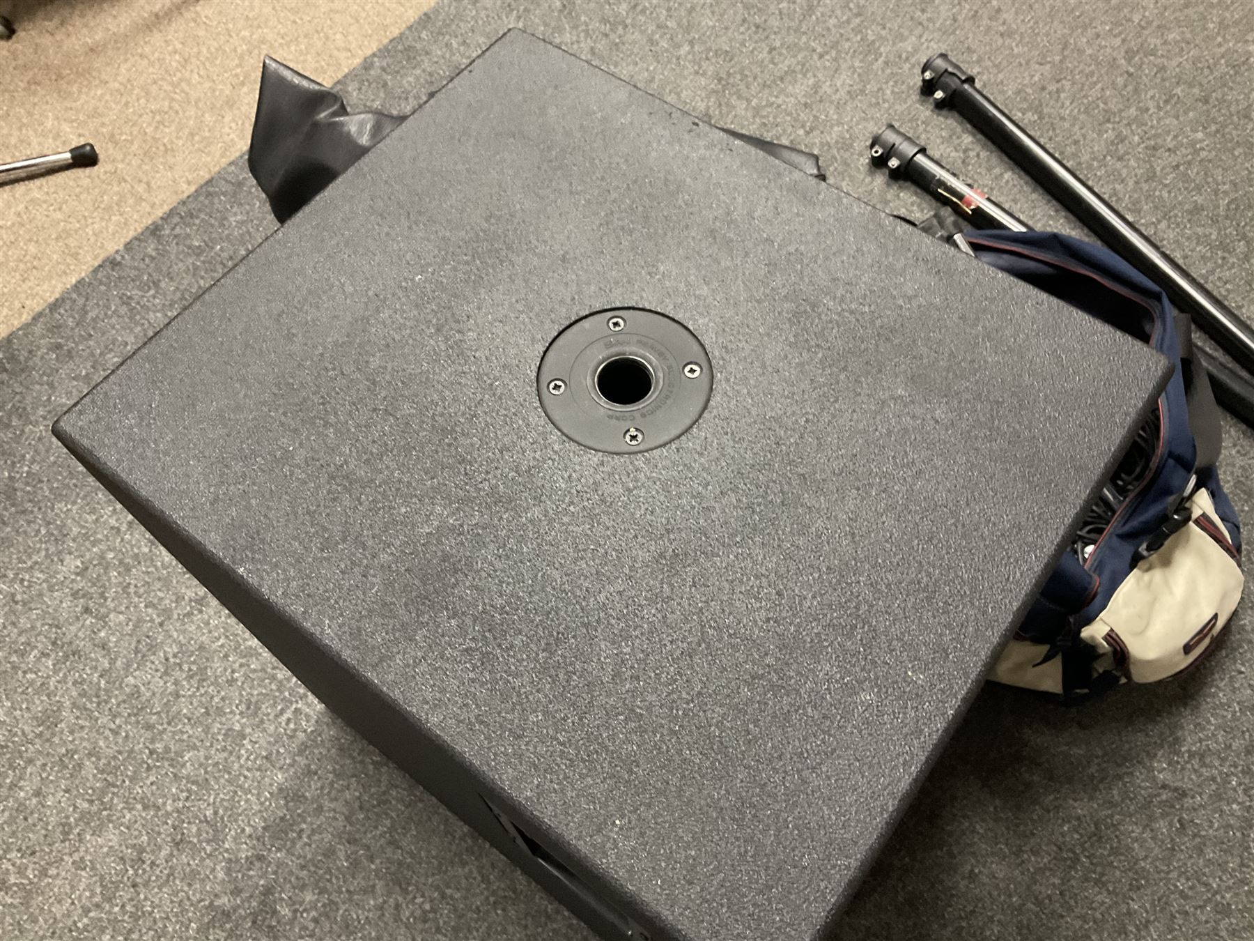 Peavey XR-696F 1200W Amplifier, serial no.K0241228, L47cm; with two Peavey UL bass bins L56cm and two Peavey top speakers L45cm with connecting rods; all with covers; and quantity of heavy duty cables, two microphone cables and microphone stand