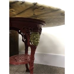 Pair cast iron Britannia pub tables, one red, one black with large marble tops 