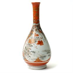 Chinese rock crystal figure of a deity with peaches, H12cm, a Japanese Shunga erotically carved seal, H7cm, an erotically painted Chinese scent bottle, H8cm, Japanese satsuma vase, H16cm and a Chinese famille vert teacup, H6.5cm(5)