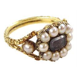 George III gold split pearl mourning ring, with engraved foliate decoration shank, dated 1818