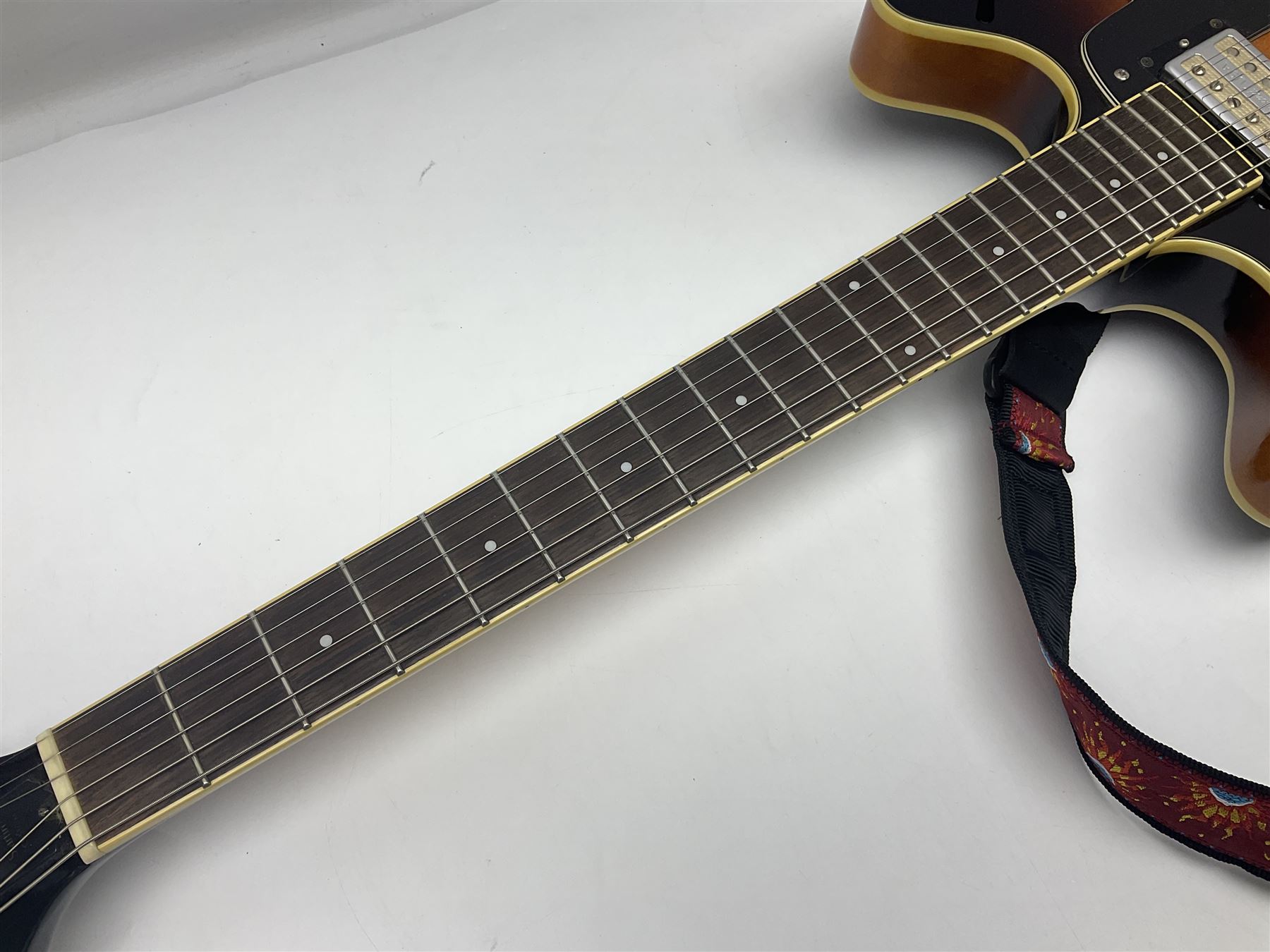 DeArmond Guild Star Fire Custom semi-acoustic guitar c2009 with tobacco sunburst finish and USA DeArmond gold foil pick-ups; serial no.KC9091266; L104cm; in Spider carrying case