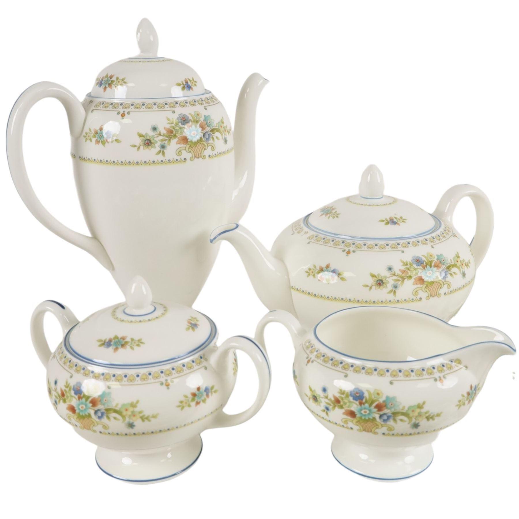 Wedgwood Petersham tea and dinner service, including, teapot, coffee pot covered sucrier, milk jug, ten dinner plates, fifteen bowls covered dished etc 
