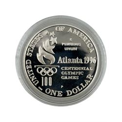 Six United States of America silver one dollar coins, relating to the Atlanta 1996 Olympic games, including 'Rowing', 'Cycling' etc, all with Westminster certificate