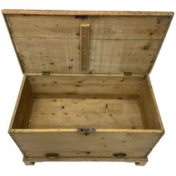 19th century waxed pine mule chest, rectangular hinged top over single long drawer, on bracket feet