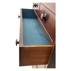 Victorian mahogany chest, rectangular top with moulded edge over two short and three long cockbeaded graduated drawers, on shaped bracket feet