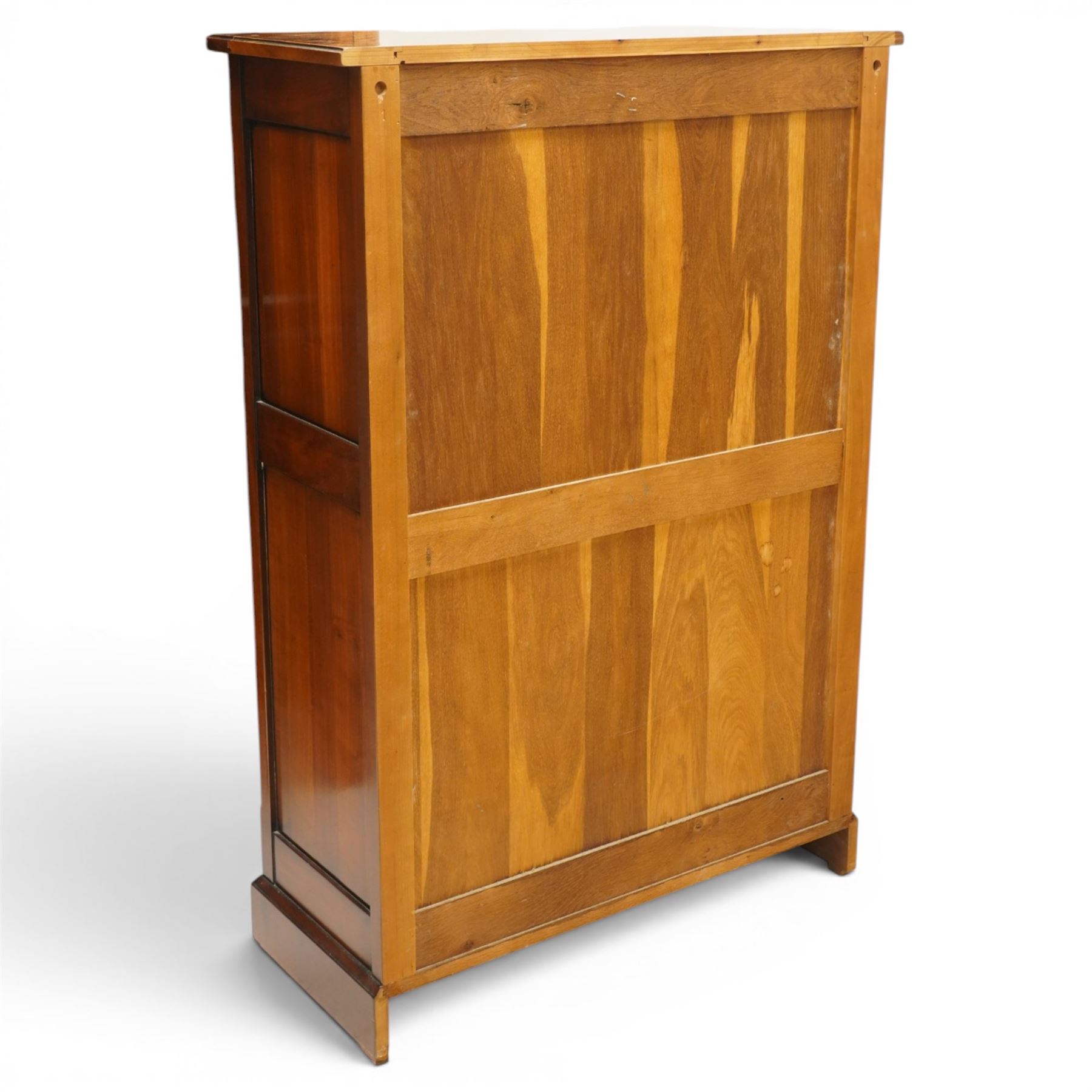 And So To Bed - cherrywood tall chest of six drawers, rectangular top over six long drawers, brass knobs and brass pulls with label holders, raised on a plinth base