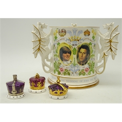  Large Caverswall limited edition loving cup commemorating the wedding of Charles and Diana, H17cm and set of three Caverswall crown & cornets (4)  