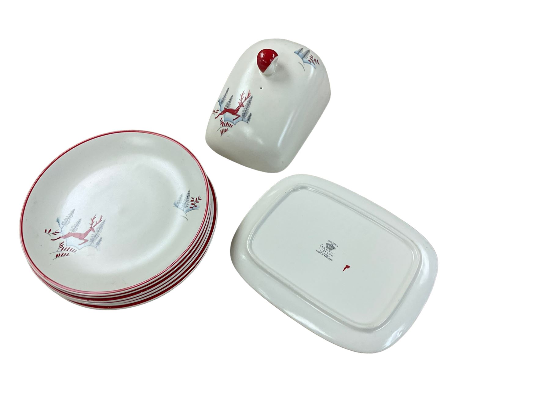 Crown Devon Stockholm pattern tea wares, comprising cake plate, butter dish and cover and six dessert plates 