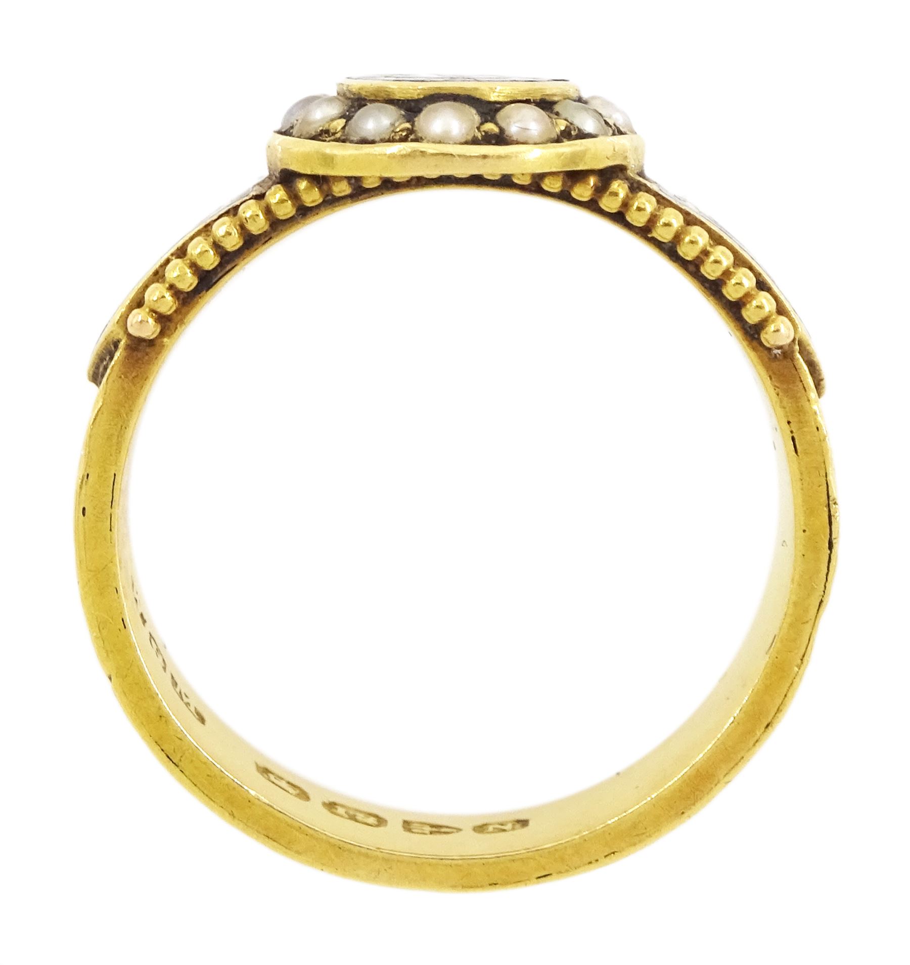 Victorian mourning ring, the black enamel plaque, with monogrammed AS initials and seed pearl surround, engraved shank with plaited hair and black enamel decoration, engraved  Chester 1896