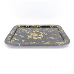 Large 19th century black lacquered papier-mâché tray, of rounded rectangular form, painted in gilt with floral sprays and butterflies, W77cm D58.5cm